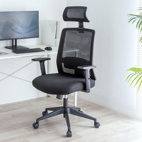 【アウトレット】メッシュチェア ミドルバック シンクロロッキング アームレスト 可動ヘッドレスト ブラック