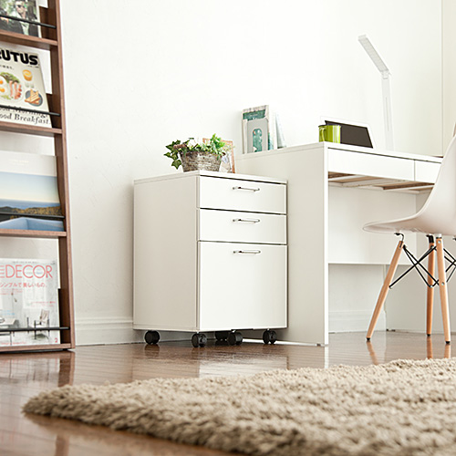 【アウトレット】デスクワゴン(木製・キャスター付・3段・チェスト・キャビネット・ホワイト)