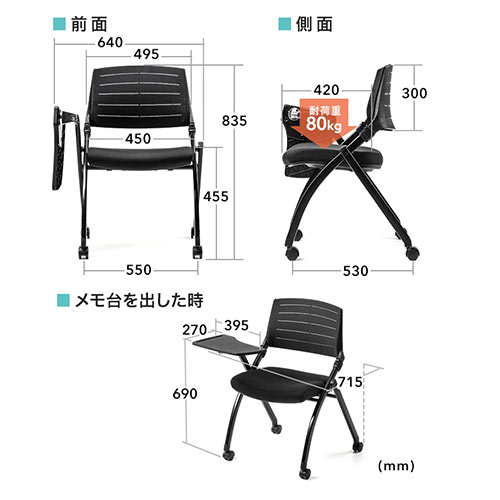 【アウトレット】メモ台付きミーティングチェア メッシュ製 背もたれチルト 1脚 ブラック