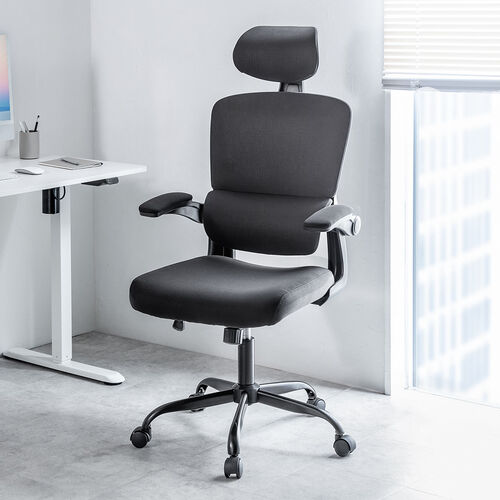 【アウトレット】メッシュチェア 跳ね上げ式アームレスト 大型ランバーサポート ヘッドレスト付き