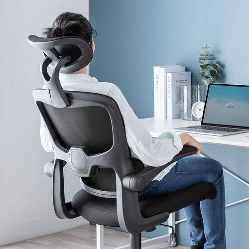 【アウトレット】メッシュチェア 跳ね上げ式アームレスト 大型ランバーサポート ヘッドレスト付き