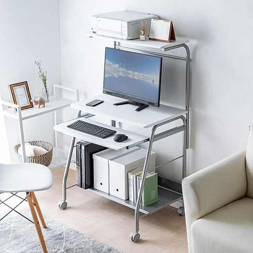 【アウトレット】パソコンデスク(幅75cm・コンパクト・省スペース・プリンター台付・キャスター付・ホワイト)