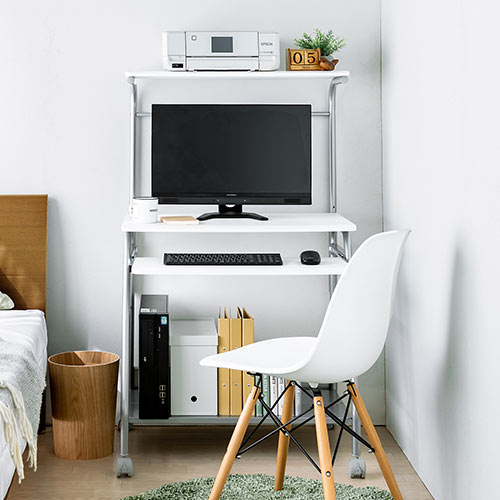 【アウトレット】パソコンデスク(幅75cm・コンパクト・省スペース・プリンター台付・キャスター付・ホワイト)