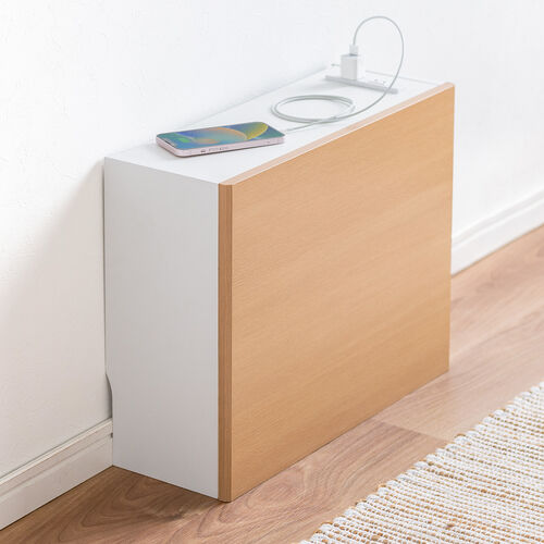 【アウトレット】ルーター収納ボックス・目隠しボックス・ケーブルボックス コンセント付き 木製 スリム 壁面収納 電話台 幅50cm ライトブラウン