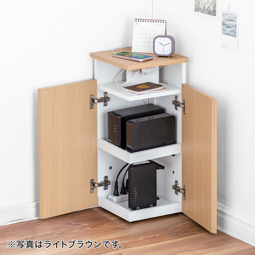 【アウトレット】ルーター収納ボックス 縦型 コーナー設置 コンセント付き ケーブルボックス 電話台 FAX台 木製 スリム 壁面収納 幅26cm ダークブラウン
