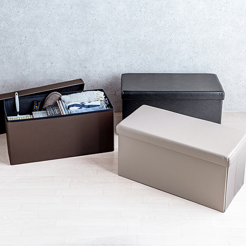 【アウトレット】折りたたみ収納スツール PUレザー 幅76cm 2人掛けサイズ 耐荷重200kg グレージュ