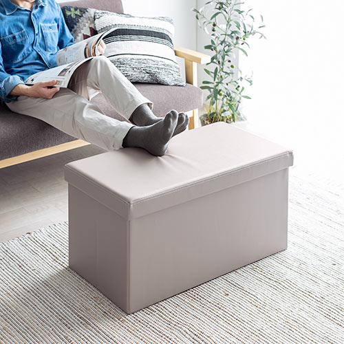 【アウトレット】折りたたみ収納スツール PUレザー 幅76cm 2人掛けサイズ 耐荷重200kg グレージュ