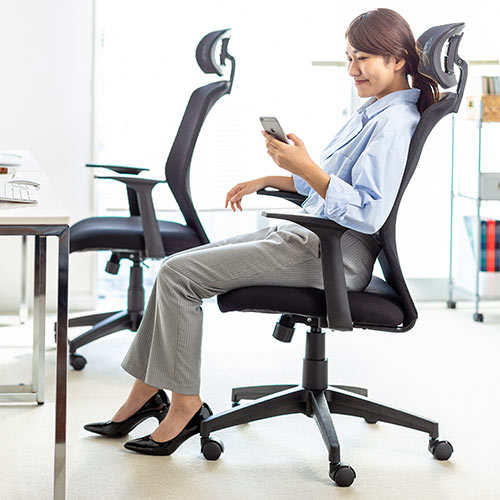 【アウトレット】メッシュチェア ハイバック ロッキング オフィス ヘッドレスト 肘掛け付き ブラック