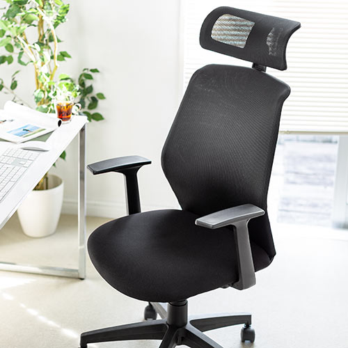 【アウトレット】メッシュチェア ハイバック ロッキング オフィス ヘッドレスト 肘掛け付き ブラック