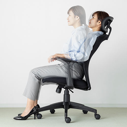 【アウトレット】メッシュチェア ハイバック ロッキング オフィス ヘッドレスト 肘掛け付き ブラック