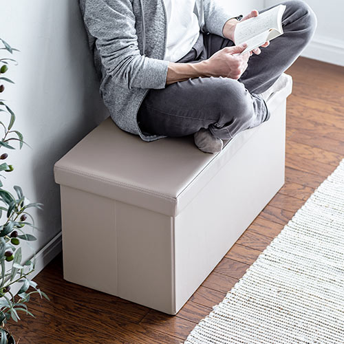 【アウトレット】折りたたみ収納スツール PUレザー 幅76cm 2人掛けサイズ 耐荷重200kg グレージュ