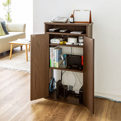 【アウトレット】ルーター収納ボックス 目隠しボックス モデム収納 ラック ケーブルボックス コード収納 木製 扉付き 電話台 幅48cm ダークブラウン