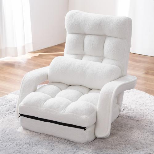 【12/26 16時まで特価】ダブルクッション座椅子 ボア生地タイプ 肘掛け付き 14段階リクライニング ホワイト