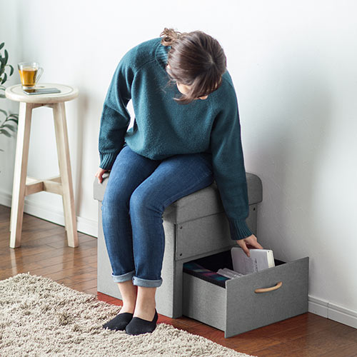 【アウトレット】折りたたみ収納スツール(引き出しタイプ・座面取り外し可能・耐荷重100kg・グレー)